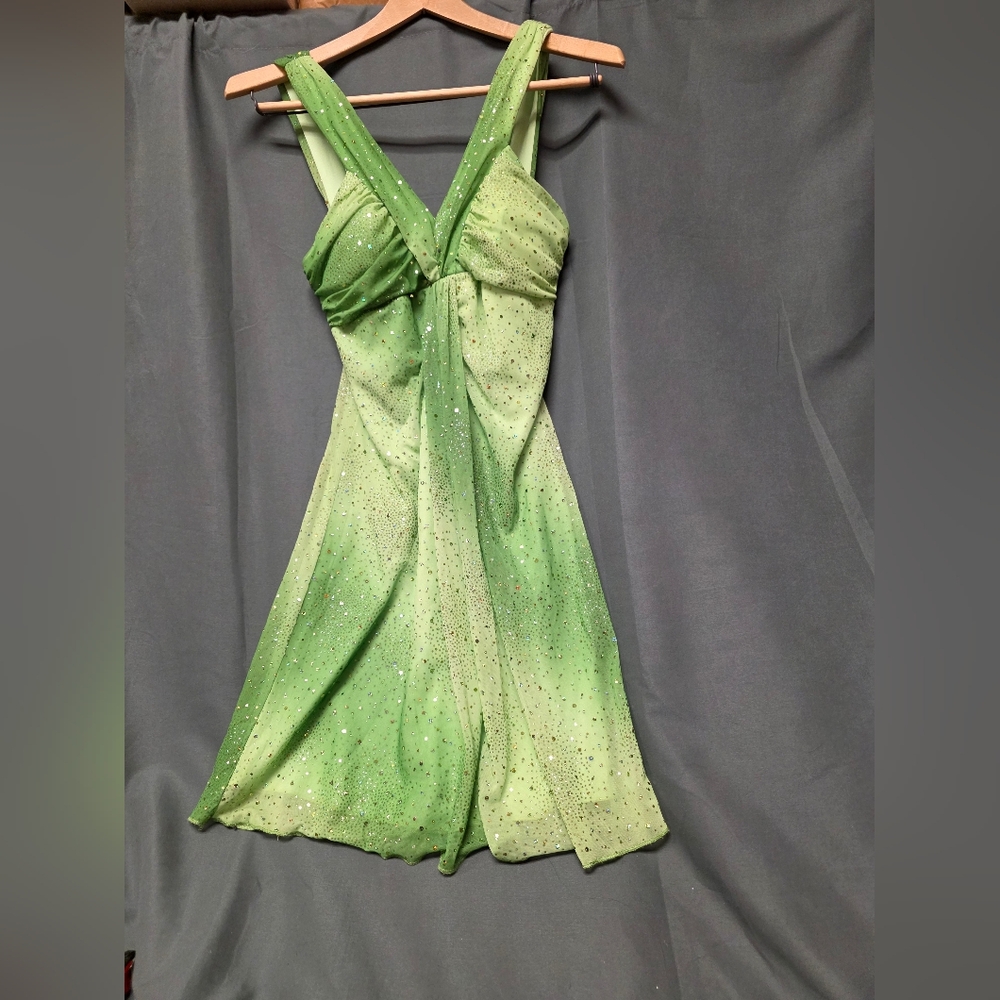 Lime Green Sparkly Mini Dress with V neck, Size L